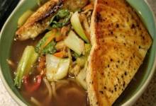 swordfish over ginger hot and sour soba soup